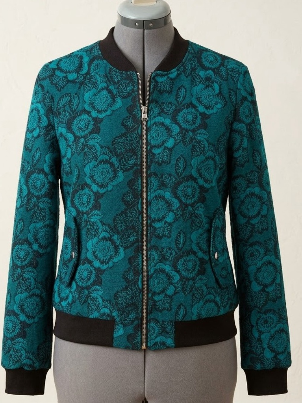 erin london Teal Floral Jacquard Jacket with Black Trim